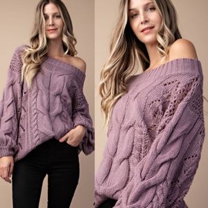 purple off shoulder cable knit puff sleeve sleeve